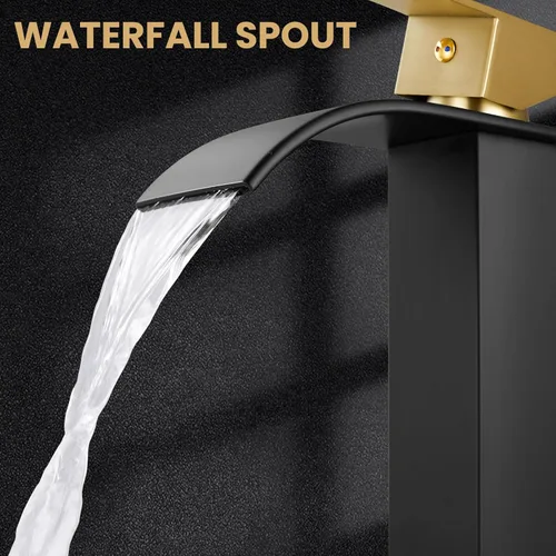 Miniatura 4 de Airuida - Grifo de cascada para baño, grifo de lavabo alto para mueble de baño, en negro mate y oro cepillado, moderno, con un solo agujero, manija