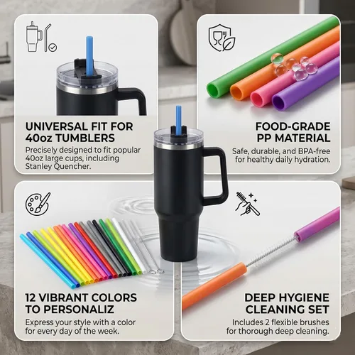 Miniatura 4 de ALINK Pajitas reutilizables para vaso Stanley de 40 onzas y 30 onzas, popotes de plástico duro de 12 pulgadas de largo, popote de repuesto de 12