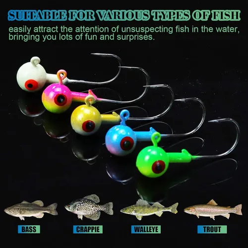 Miniatura 4 de Cabezas de plantilla de pesca, ganchos de cabeza de bola pintados redondos de varios tamaños para lucioperca, trucha, crappie, jig, agua dulce