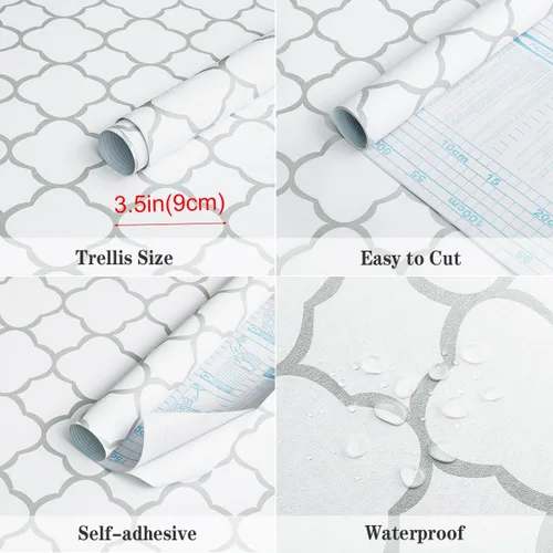 Miniatura 4 de GloryTik - Papel pintado autoadhesivo gris y blanco para despegar y pegar, con diseño de enrejado moderno, removible, geométrico, impermeable