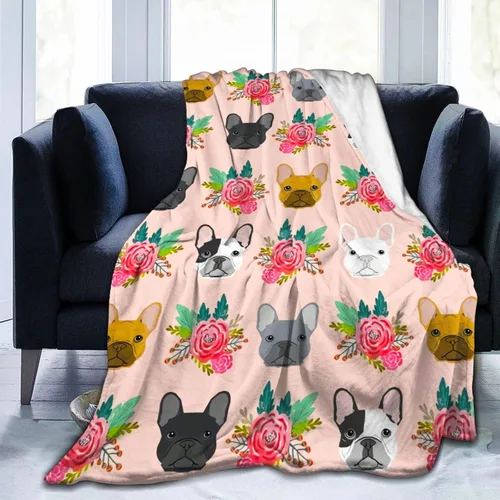 Bonita manta de bulldog francés con diseño floral, suave y acogedora, manta de franela ligera y cálida de felpa para sofá, camping, oficina, viajes,