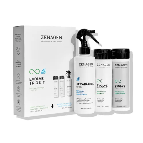 ZENAGEN Evolve Trio Kit para cabello visiblemente dañado y opaco | Champú nutritivo + acondicionador + acondicionador sin enjuague, restaura el