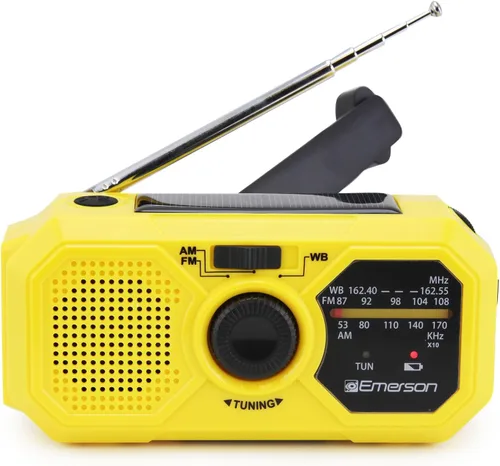 Emerson ER-7050 Radio de emergencia AM/FM con banda meteorológica NOAA, banco de energía integrado, manivela, carga solar, linterna LED y alarma