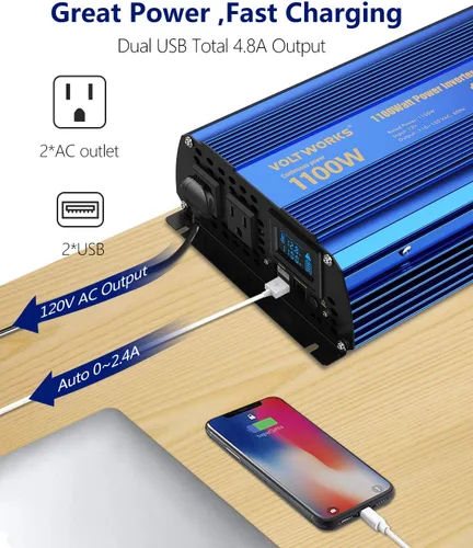 Miniatura 3 de Inversor de potencia 1100 vatios 12V DC a 110V 120V AC, inversor de 1000 W con pantalla LCD, control remoto, 2 tomas de CA, puertos USB duales
