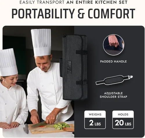Miniatura 5 de Asaya Bolsa enrollable para cuchillos de chef, 20 bolsillos en total para cuchillos y utensilios de cocina, fabricada con nailon encerado resistente