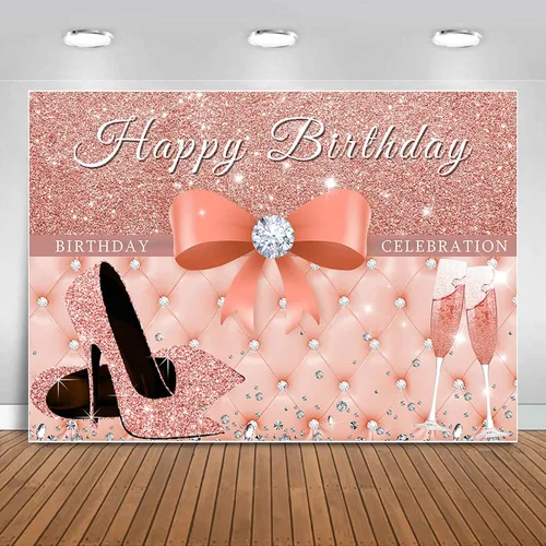 Sensfun Cartel de fondo de feliz cumpleaños de oro rosa para mujer, decoraciones de fiesta de cumpleaños con purpurina, tacones rosados con lazo,