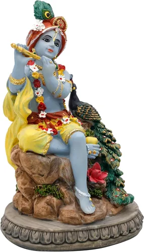Miniatura 6 de alikiki Estatua hindú de Krishna de Dios Krishna – 5.5 pulgadas de alto indio Señor Krishna ídolo toca la flauta con artículo Murti pavo real Murti