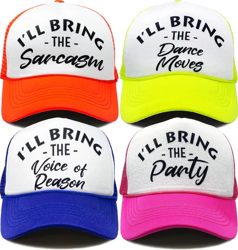 Funky Junque Sombreros divertidos de camionero para mujer humor adulto para despedidas de soltera y viajes de niñas, grupos 3-25, sombrero de malla