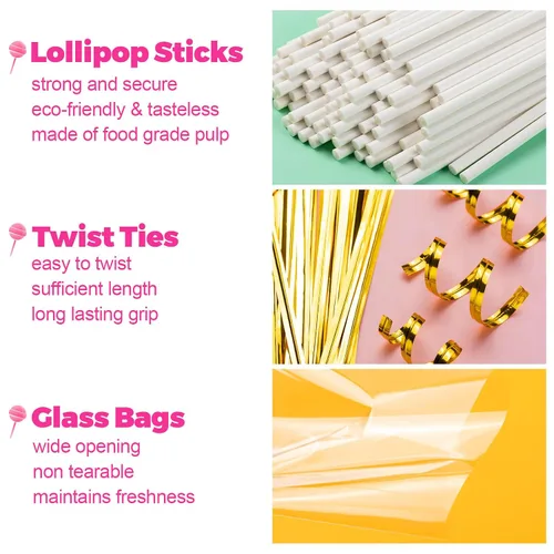 Miniatura 3 de 300 piezas de palitos para pastel pop y envolturas, palitos para pastel pop de 15 cm con lazos para caramelos, chocolates, galletas y dulces