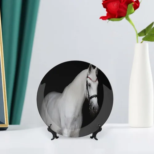 Miniatura 6 de Plato decorativo de 6 pulgadas, plato de porcelana de caballo, caballo blanco sobre fondo negro, placa de exhibición de cerámica para adornos