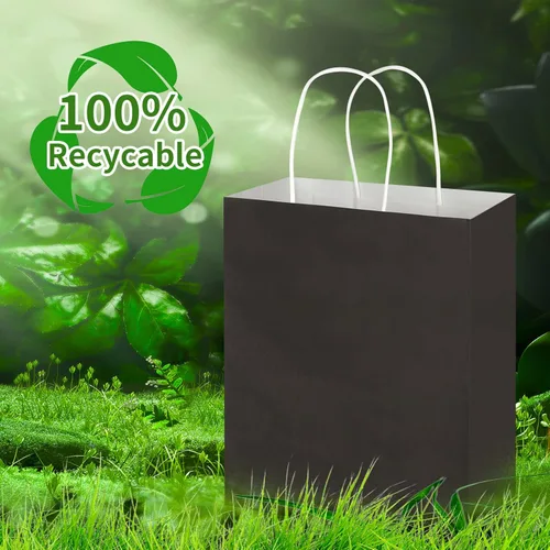 Miniatura 4 de Toovip Paquete de 100 bolsas de papel kraft negras medianas de 8 x 4.75 x 10 pulgadas con asas a granel, bolsas de regalo para regalos