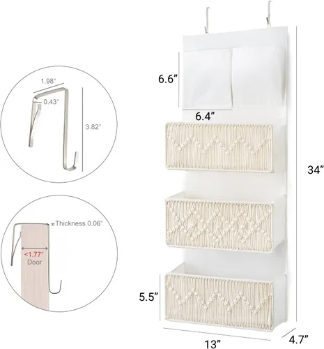 Miniatura 3 de Mkono Organizador de macramé sobre la puerta, decoración bohemia para colgar del cuarto de bebé, con 3 bolsillos grandes tejidos, organizador