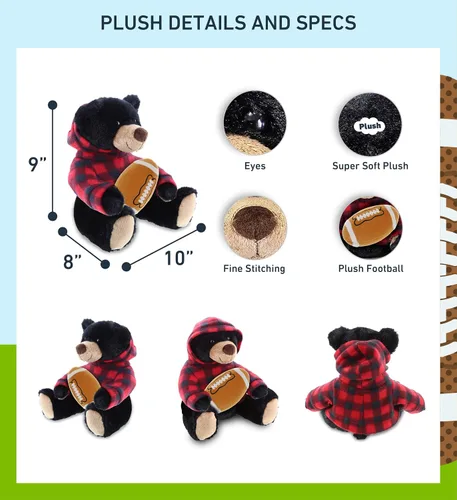 Miniatura 3 de DolliBu Animal de peluche de oso negro con felpa de fútbol – Oso súper suave para abrazar con capucha a cuadros rojos, juguete de peluche regalo