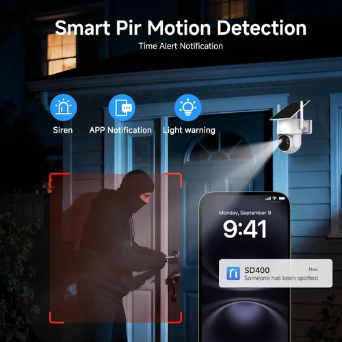 Miniatura 5 de Noorio Cámara de seguridad solar 2K inalámbrica para exteriores, inclinación panorámica de 360°, WiFi 6 de doble banda 2.4/5GHz, visión nocturna a