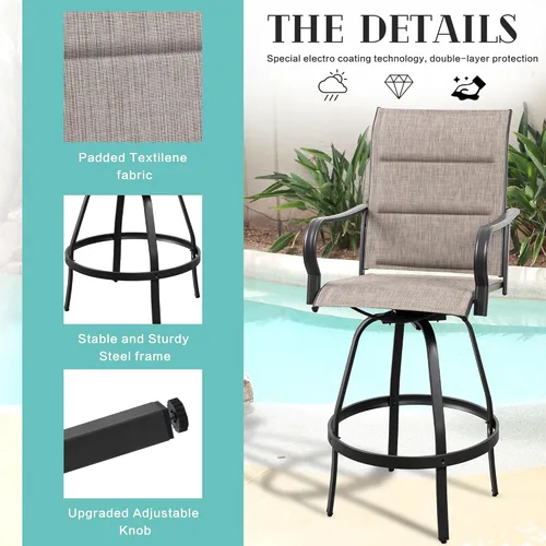 Miniatura 5 de Vongrasig 6 Sillas Giratorias de Bar para Patio Exterior, Taburetes de Bar Altos con Textil Acolchado Tipo Cabestrillo para Todo Clima, Juego