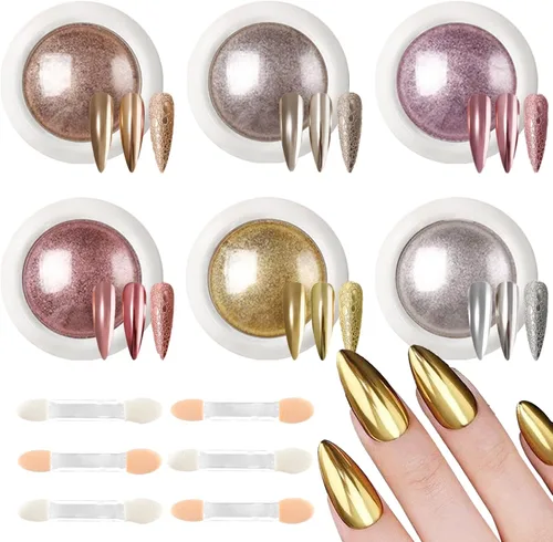 WOKOTO Polvo de uñas cromado de 6 colores con efecto de purpurina holográfico oro rosa cobre polvo cromado para uñas, decoración de uñas, purpurina