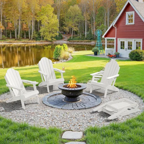 LUE BONA Silla Adirondack plegable, juego de 2, portavasos, grano de madera, hoguera, patio, piscina, color blanco | All-weather Use, Woodgrain,
