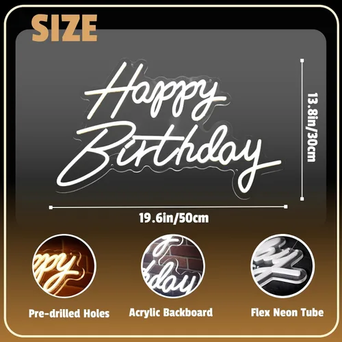 Miniatura 8 de Letrero de neón con texto en inglés "Happy Birthday", letras LED acrílicas de 19.6 x 11.8 pulgadas, letras iluminadas, letreros LED de neón