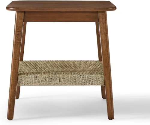 Miniatura 6 de Mesa auxiliar moderna de 2 niveles con estante tejido, mesa auxiliar pequeña bohemia para sala de estar, sofá, patio, oficina en casa, mesa Nogal_2