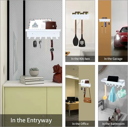 Miniatura 6 de GTK Soporte para llaves de pared, ganchos para llaves con bandeja y 6 ganchos, soporte para llaves montado en la pared para pasillo, estante