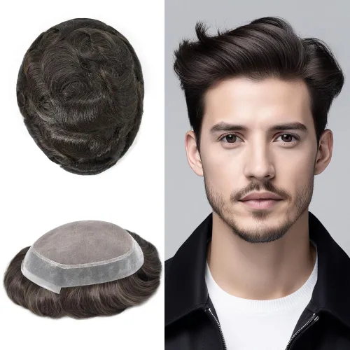 Miniatura 18 de Monofilamento fino para hombre, sistema de cabello humano Remy, piel de polietileno transparente alrededor del postizo de monofilamento, peluca