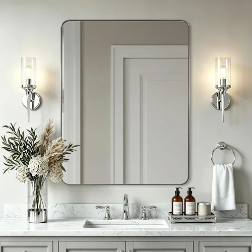 Miniatura 54 de ANDY STAR Espejo cromado para baño, espejo de pared con marco de metal de 22 x 30 pulgadas, espejo rectangular de acero inoxidable con esquina
