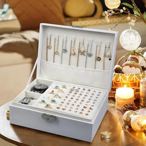Miniatura 7 de Bailinna Joyero organizador para mujeres y niñas, 2 capas, organizador de joyas de piel sintética, soporte de joyería con candado, bandeja extraíble