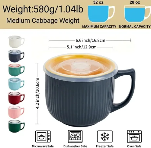 Miniatura 3 de Tazón de sopa de cerámica con asa de 32 onzas – Tazón de ramen para microondas con tapa, tazas y tazas de sopa para cereales, avena, ramen, fideos