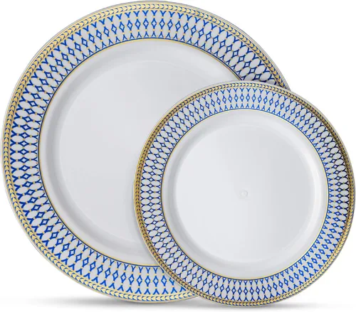 Miniatura 10 de Laura Stein Juego de vajilla de diseñador 32 cuencos de plástico desechables para fiestas, cuenco de boda blanco con borde azul y detalles de oro