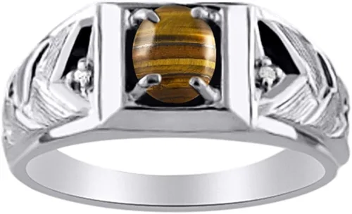 Rylos Anillos para hombre, oro blanco de 14 quilates, anillo de diamante y ojo de tigre de 0.276 x 0.197in, anillos de piedras preciosas de color