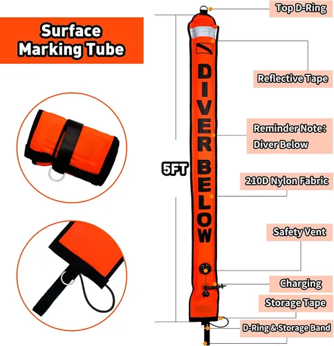 Miniatura 5 de Boya de marcador de superficie de buceo de 5 pies/6 pies (SMB), salchicha de seguridad de tubo de señal con carrete de aluminio de 100 pies y clip