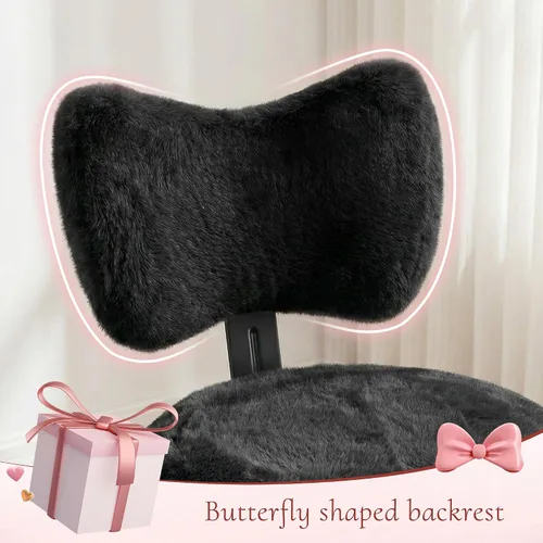 Miniatura 3 de Homkdom Silla de tocador con ruedas, bonita silla de escritorio con respaldo de lazo, silla de oficina pequeña de piel de conejo sintética esponjosa