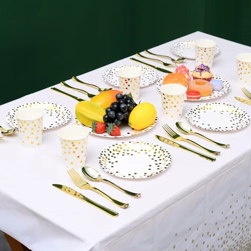 Miniatura 4 de 200 piezas de suministros para fiestas dorados - Platos de papel y servilletas dorados, cubiertos, tazas, sirve para 25 conjuntos para bodas, Punto