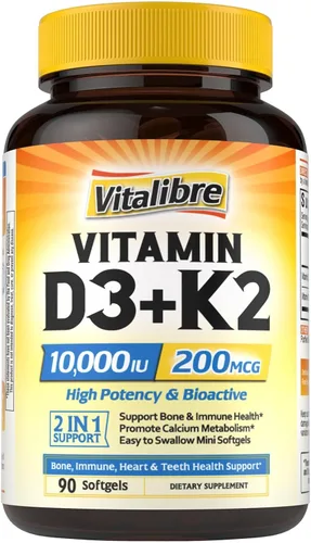 Suplemento de Vitamina D3 K2 de Vitalibre, 10000 IU D3 / 200 mcg K2 MK7, Absorción de Calcio, Apoyo para Huesos, Corazón, Sistema Inmunológico y