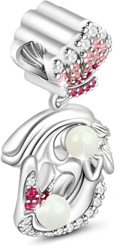 Miniatura 8 de GNOCE Dije de plata de ley 925 con diseño de sirena y perlas de oro rosa con circonitas cúbicas para pulseracollar, regalo para mujer (2 plata)