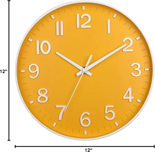 Miniatura 7 de HZDHCLH Reloj de pared amarillo con pilas, 12 pulgadas, silencioso, sin tictac, moderno, para sala de estar, dormitorio, cocina, oficina, decoración