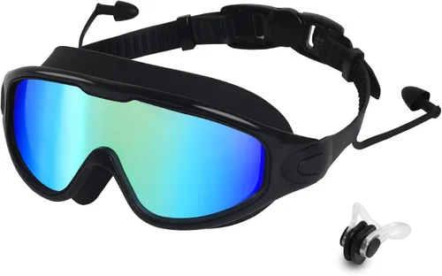 Gafas de natación para adultos, gafas de natación antivaho y UV con clip de nariz y tapones para los oídos, sin fugas