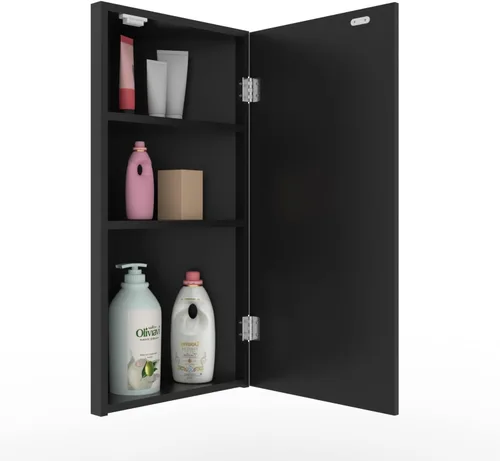 Miniatura 5 de eclife Armario de medicina de esquina de baño de 24 pulgadas con espejo, gabinete de espejo de pared negro de una sola puerta, gabinete