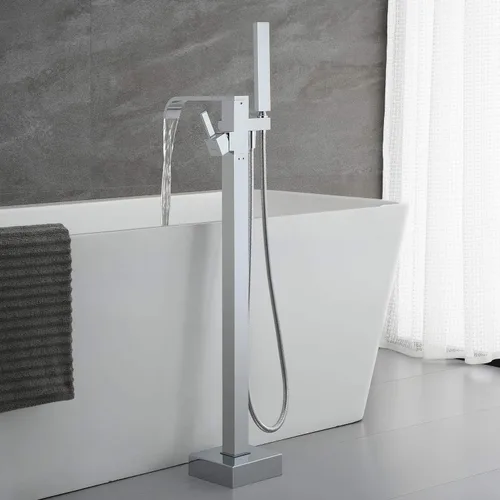 Miniatura 3 de Grifo de bañera independiente Grifos de llenado de bañera Cromo Montaje en piso Latón Manija única con ducha de mano Cromado