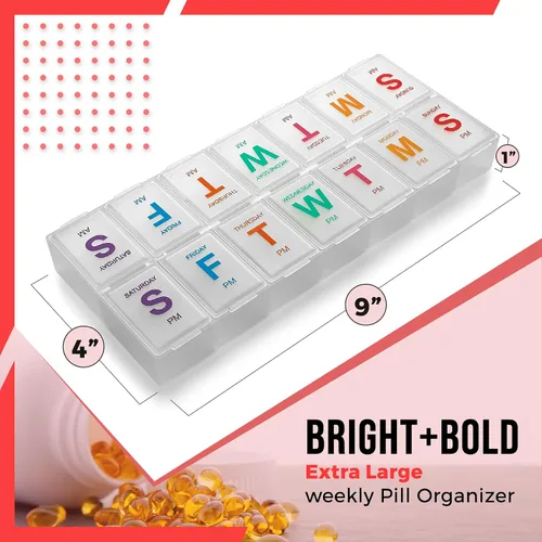 Miniatura 9 de Organizador semanal grande de píldoras, paquete de 2 pastilleros AM PM, organizador de pastillas XL de 7 días para medicamentos, píldoras