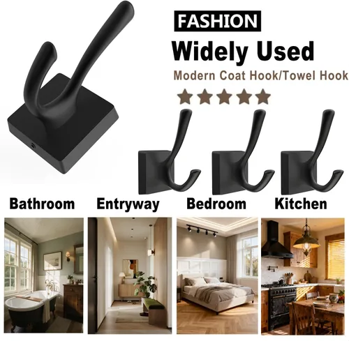 Miniatura 3 de TOFIIGREM Ganchos de pared negros para abrigos, ganchos para vestíbulos de baño, ganchos para colgar ropa, bata, toalla, mochila, ganchos