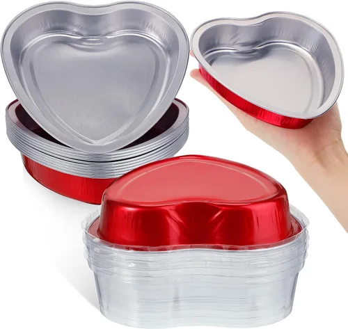 Miniatura 8 de Nuogo Moldes de papel de aluminio de 5 pulgadas con forma de corazón para pasteles con tapas transparentes de 7.6 fl oz/7.92 onzas, molde desechable