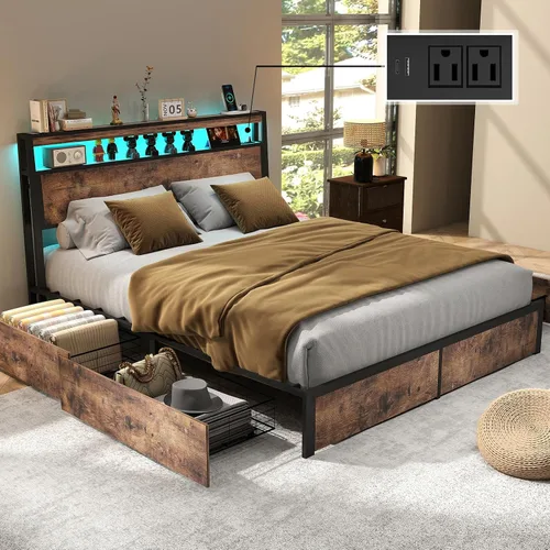 Miniatura 6 de Fabulis Marco de cama tamaño completo con 4 cajones de almacenamiento y cabecero con estación de carga y luces LED, almacenamiento de cabecero
