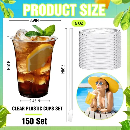 Miniatura 2 de Eaasty Juego de 150 vasos de plástico transparente de 16 onzas con cuchara, pajitas y tapas planas, desechables, para café helado, postre, yogur