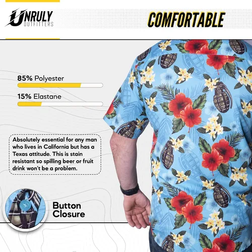 Miniatura 3 de Unruly Outfitters Camisa hawaiana para hombre, diseño de granadas azules con botones, divertidas camisas con armas de flores con pistolas