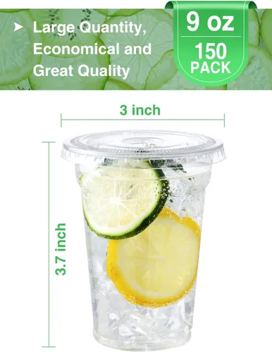 Miniatura 2 de NEEBAKE 150 Juegos de Vasos de Plástico Desechables de 9 oz con Tapas - Vasos Transparentes para Beber, Vasos de Plástico para Café Helado, Batidos
