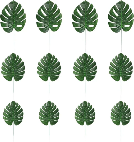 Miniatura 12 de CCINEE 24 piezas de hojas de palma artificiales doradas, 3 tamaños, hojas falsas de Monstera, simulación de hojas de safari con tallos