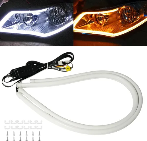 Qasim - Tira de luces LED para intermitentes secuenciales de coche, 60 cm, 24 pulgadas, luz diurna DRL, faros LED blancos/ámbar, 12V - 1 par