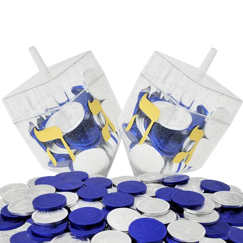 Miniatura 5 de The Dreidel Company 2 paquetes de Dreidel rellenos con monedas de Hanukkah Gelt azules y plateadas, 10 monedas de Hanukkah Gelt por Dreidel, total