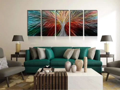 Miniatura 9 de Yihui Arts Arte abstracto de metal para pared, árbol de la vida, hecho a mano, 5 piezas, paneles grandes, grandes, únicos, de aluminio 3D, moderno
